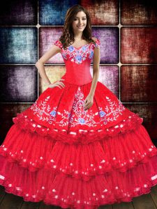Coral Red Sleeveless Embroidery and Ruffled Layers Floor Length Sweet 16 Quinceanera Dress