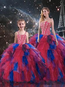 Modest Sleeveless Beading and Ruffled Layers Lace Up Quinceanera Gowns with Multi-color