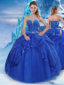 Royal Blue Ball Gowns Sweetheart Sleeveless Tulle Floor Length Lace Up Beading and Pick Ups 15th Birthday Dress