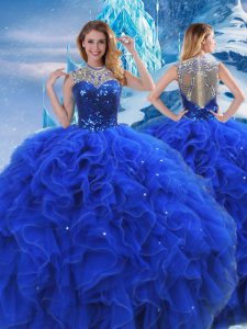 Lovely Sleeveless Organza Floor Length Zipper Sweet 16 Dresses in Royal Blue with Ruffles and Sequins