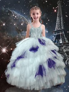 Excellent White Sleeveless Floor Length Beading and Ruffled Layers Lace Up Pageant Dress Womens