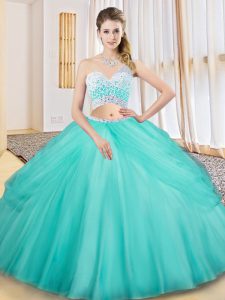 Chic Aqua Blue Two Pieces Tulle One Shoulder Sleeveless Beading and Ruching and Pick Ups Floor Length Criss Cross Ball Gown Prom Dress