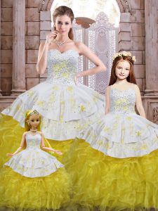 Yellow And White Organza Lace Up Quinceanera Gowns Sleeveless Floor Length Beading and Appliques and Ruffles