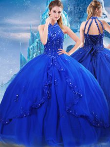 Brush Train Ball Gowns Quinceanera Gown Royal Blue High-neck Tulle Sleeveless Lace Up