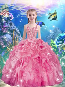 Rose Pink Ball Gowns Organza Straps Sleeveless Beading and Ruffles Floor Length Lace Up Child Pageant Dress