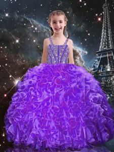 Eggplant Purple Ball Gowns Organza Straps Sleeveless Beading and Ruffles Floor Length Lace Up Girls Pageant Dresses