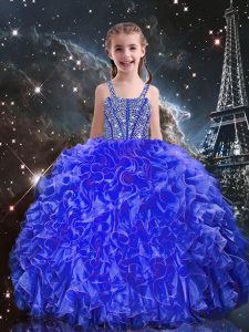 Latest Royal Blue Straps Lace Up Beading and Ruffles Glitz Pageant Dress Sleeveless