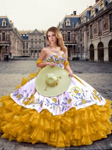 Suitable Floor Length Lace Up Quinceanera Dresses Gold for Military Ball and Sweet 16 and Quinceanera with Embroidery and Ruffled Layers