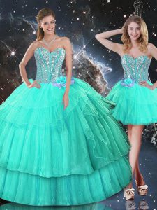 Adorable Turquoise Ball Gowns Sweetheart Sleeveless Organza Floor Length Lace Up Ruffled Layers and Sequins Ball Gown Prom Dress
