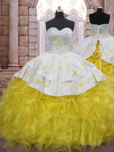 Organza Sleeveless Quince Ball Gowns Brush Train and Beading and Appliques and Ruffles