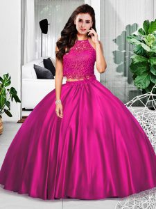 Glorious Fuchsia Two Pieces Lace and Ruching Quinceanera Dress Zipper Taffeta Sleeveless Floor Length