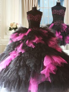 High Quality Pink And Black Three Pieces Sweetheart Sleeveless Tulle Floor Length Lace Up Beading and Ruffles Quinceanera Dress