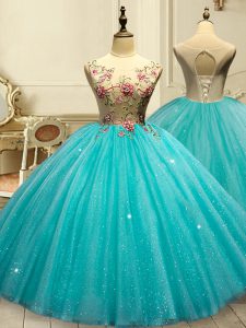 Low Price Aqua Blue Ball Gowns Tulle Scoop Sleeveless Appliques and Sequins Floor Length Lace Up 15 Quinceanera Dress