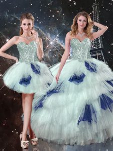 Super Blue And White Three Pieces Sweetheart Sleeveless Tulle Floor Length Lace Up Beading and Ruffled Layers and Sequins Vestidos de Quinceanera