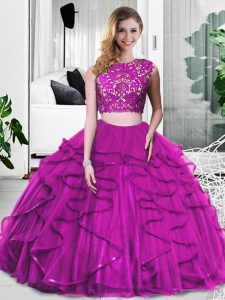 Great Fuchsia Tulle Zipper Quinceanera Gown Sleeveless Floor Length Lace and Ruffles