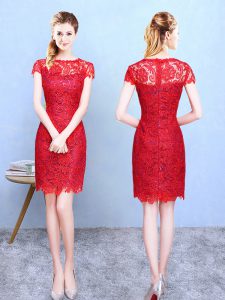 Column/Sheath Dama Dress for Quinceanera Red Bateau Lace Short Sleeves Knee Length Zipper