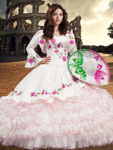 Glittering White Square Lace Up Embroidery and Ruffled Layers Sweet 16 Dresses Long Sleeves
