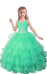 Sleeveless Floor Length Beading and Ruffled Layers Zipper Little Girl Pageant Dress with Turquoise