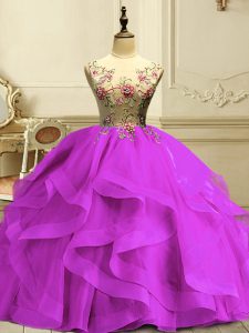 Perfect Fuchsia Ball Gowns Appliques and Ruffles Ball Gown Prom Dress Lace Up Organza Sleeveless Floor Length