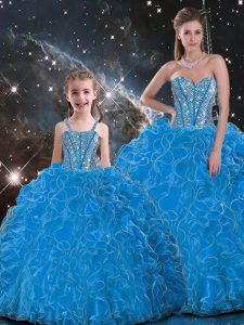 Baby Blue Sleeveless Floor Length Beading and Ruffles Lace Up Vestidos de Quinceanera