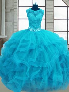 Gorgeous Baby Blue Ball Gowns Tulle Scoop Sleeveless Beading and Ruffles Floor Length Lace Up Quinceanera Gowns