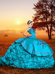 Stylish Sleeveless Organza Brush Train Lace Up Quinceanera Gowns in Baby Blue with Embroidery and Ruffles