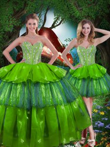 Discount Olive Green Ball Gowns Beading and Ruffled Layers Ball Gown Prom Dress Lace Up Organza Sleeveless Floor Length