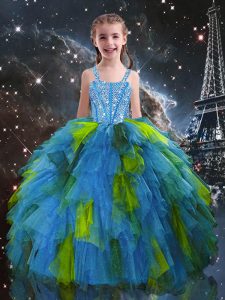 Fancy Straps Sleeveless Evening Gowns Floor Length Beading and Ruffles Baby Blue Tulle