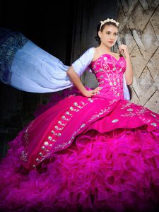 Beautiful Fuchsia Ball Gowns Organza Sweetheart Sleeveless Embroidery and Ruffles Lace Up 15th Birthday Dress Brush Train
