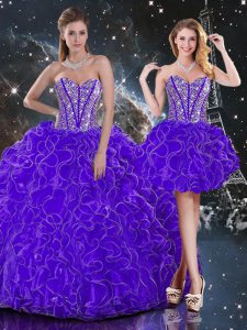 New Arrival Sleeveless Organza Floor Length Lace Up Quinceanera Dresses in Purple with Beading and Ruffles
