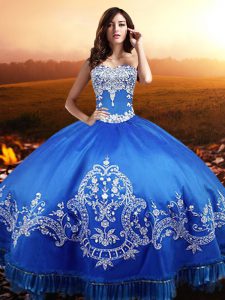 Floor Length Lace Up 15th Birthday Dress Blue for Military Ball and Sweet 16 and Quinceanera with Beading and Appliques