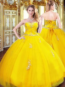 Gold Lace Up Sweetheart Beading and Appliques Sweet 16 Dresses Organza Sleeveless