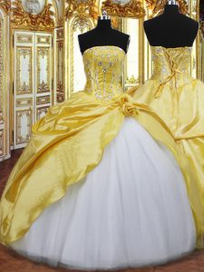 Trendy Gold 15 Quinceanera Dress Military Ball and Sweet 16 and Quinceanera with Beading and Hand Made Flower Strapless Sleeveless Lace Up
