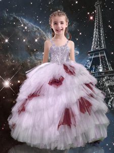 Straps Sleeveless Tulle Pageant Dress for Girls Beading and Ruffled Layers Lace Up