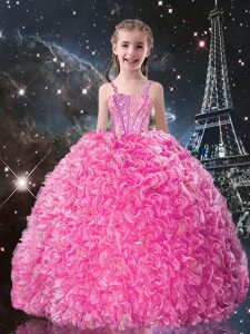 Straps Sleeveless Winning Pageant Gowns Floor Length Beading and Ruffles Rose Pink Organza