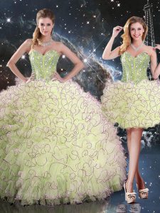 Comfortable Floor Length Lace Up Sweet 16 Dresses Yellow Green for Military Ball and Sweet 16 and Quinceanera with Beading and Ruffles