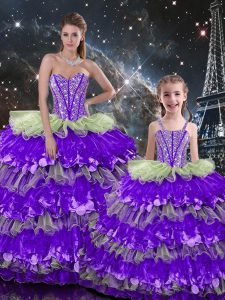 Trendy Floor Length Lace Up 15th Birthday Dress Multi-color for Military Ball and Sweet 16 and Quinceanera with Beading and Ruffles