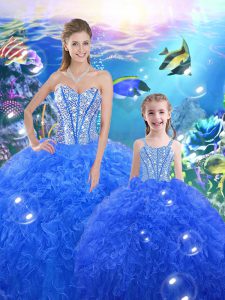 Blue Sleeveless Organza Lace Up 15 Quinceanera Dress for Military Ball and Sweet 16 and Quinceanera