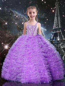 Beautiful Straps Sleeveless Tulle Little Girl Pageant Dress Beading and Ruffles and Ruffled Layers Lace Up