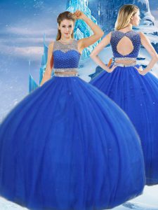 Tulle Scoop Sleeveless Clasp Handle Beading and Sequins Quinceanera Gown in Royal Blue