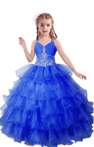 Wonderful Organza V-neck Sleeveless Zipper Beading and Ruffled Layers Pageant Dress in Blue