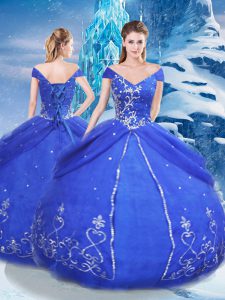 Floor Length Ball Gowns Short Sleeves Blue Quinceanera Dresses Lace Up