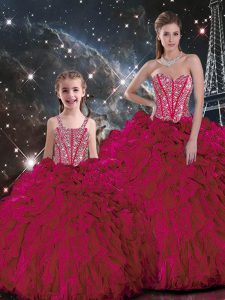 New Arrival Sleeveless Organza Floor Length Lace Up Quinceanera Gown in Burgundy with Beading and Ruffles