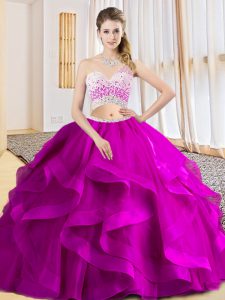 Deluxe Fuchsia Two Pieces One Shoulder Sleeveless Tulle Floor Length Criss Cross Beading and Ruffles Quinceanera Gowns