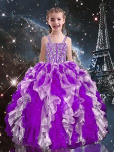 Popular Eggplant Purple Lace Up Straps Beading and Ruffles Pageant Dress Toddler Organza Sleeveless