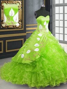 Fashion Organza Sweetheart Sleeveless Brush Train Lace Up Embroidery Sweet 16 Dress in
