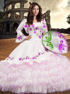 Fabulous White Organza Lace Up Square Long Sleeves Floor Length 15 Quinceanera Dress Embroidery and Ruffled Layers