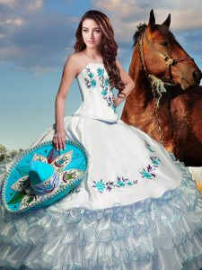 White Sleeveless Floor Length Embroidery and Ruffled Layers Lace Up Ball Gown Prom Dress