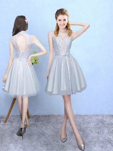 Smart Silver Empire Tulle V-neck Sleeveless Lace Knee Length Lace Up Quinceanera Court of Honor Dress
