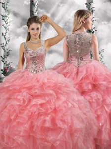 Colorful Beading and Ruffles Quinceanera Dresses Watermelon Red Zipper Sleeveless Floor Length